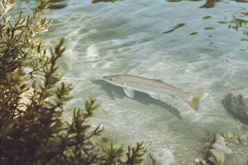 Fish in river, a serene image of a fish swimming in a clear river, surrounded by natural elements,