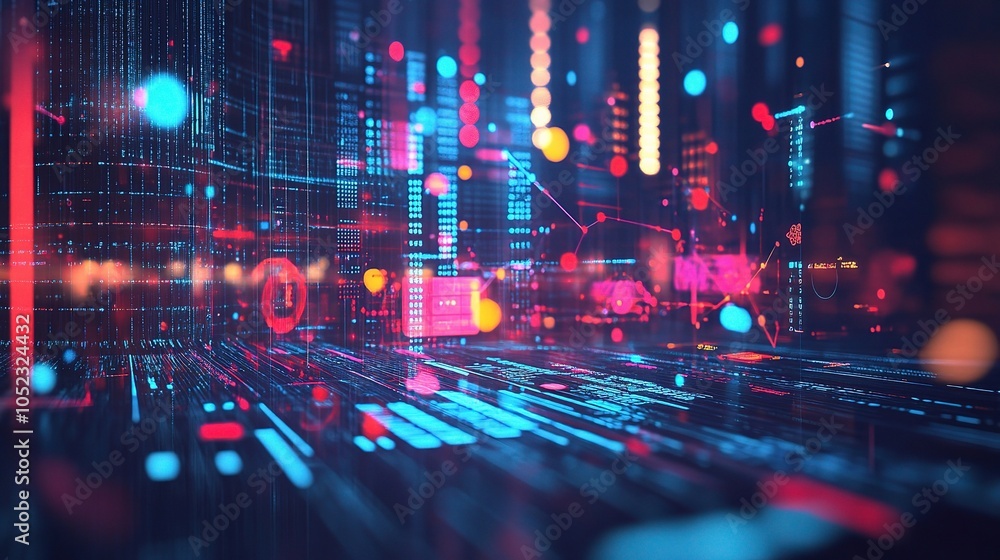 Poster Abstract Digital Background with Neon Lights and Data Streams