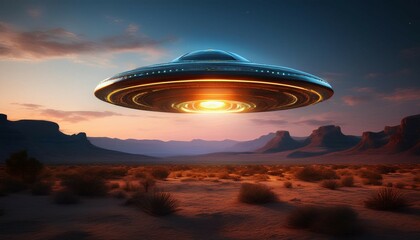 Obraz premium a glowing ufo hovers above a desert landscape during dusk surrounded by darkening skies and distant mountain silhouettes