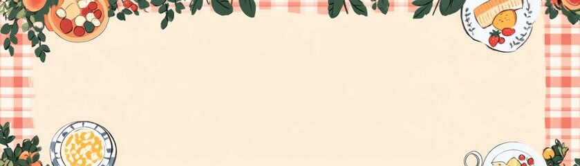 Obraz premium A decorative table setting featuring various food items on a checkered background.