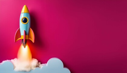 a toy rocket takes off against a bright magenta background capturing the essence of childhood creativity and exploration in a dynamic moment