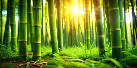 Close-Up of Growing Bamboo Shoots with Sunlight Filtering Through Leaves in a Lush Green Setting