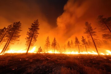 Intense wildfire engulfs a forest at night creating a dramatic and hazardous landscape