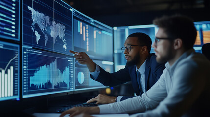 Fototapeta premium Financial analysts reviewing complex data reports at a modern office workstation in the evening