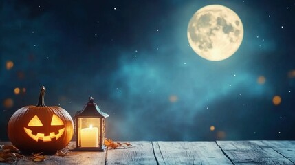 Naklejka premium Halloween pumpkins and lanterns on a wooden table with a moon in the sky background, Halloween concept.