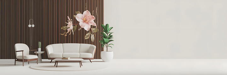 Minimalist living room with brown wood and pink flowers  perfect for modern interior design   