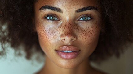 soft and glowing skin of a biracial model, freckled face with smooth texture, delicate and elegant features, closeup portrait with warm lighting, youthful and confident expression, radiant and flawles