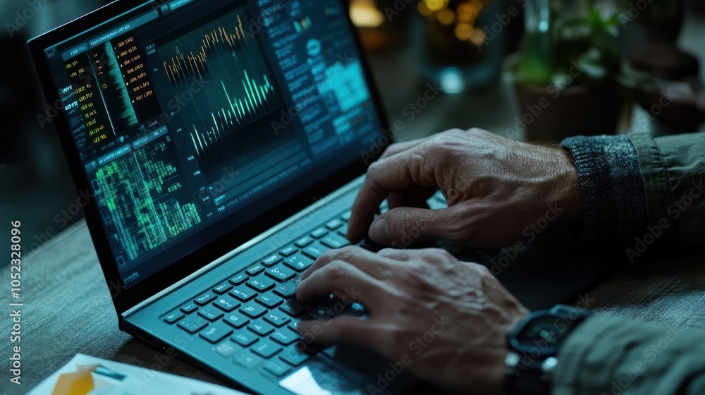 Poster analyzing business finance data. many graphs and laptop. closeup of hands typing.