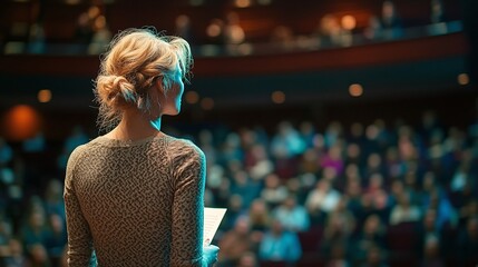 professional woman giving a keynote speech at a corporate event, inspiring a large audience with leadership insights, business expertise, and motivational storytelling