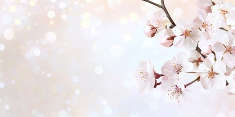 Obraz premium White and pastel bokeh background with a light pink cherry blossom branch.