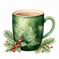 delicate hand drawn watercolor green christmas mug with whimsical and warm design in soft tones