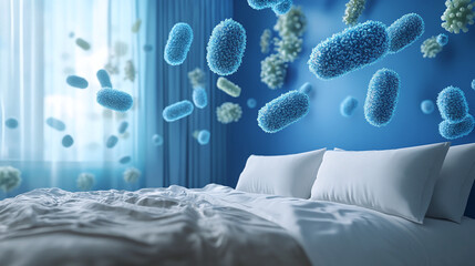 Illustration of bacteria floating in the air above a bed, representing airborne particles settling on bedroom surfaces
