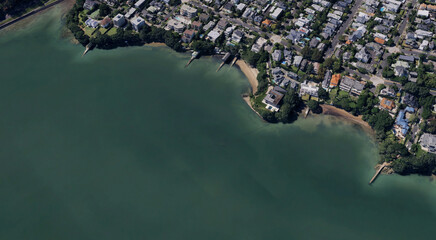 The coast of Auckland city in New Zealand from a bird's eye view