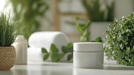 Obraz premium Moisturizer jar with green plants and white towels in the background, creating a fresh and natural spa-like setting. Emphasizes purity and wellness in skincare.