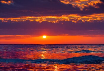 Obraz premium stunning vivid sunset reflections calm ocean waves transforming horizon into colorful masterpiece, colors, scenery, water, nature, gradient, twilight