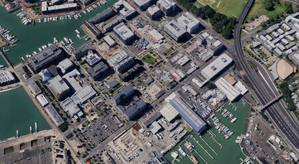 The coast of Auckland city in New Zealand from a bird's eye view