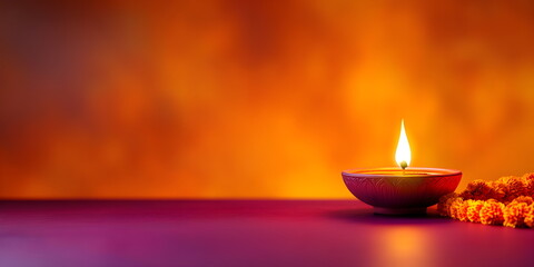 Traditional indian burning lamp and orange flowers. Ethnic decorations for Indian festival of lights Diwali and Pongal. Ugadi, Gudi Padwa. Hindu New Year. Religion concept with copy space