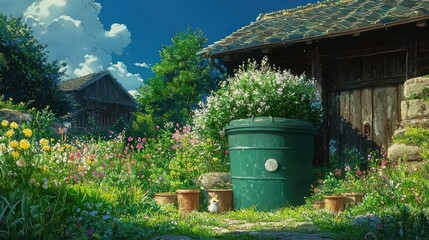 Naklejka premium Anime Garden Landscape with Blue Sky and Clouds