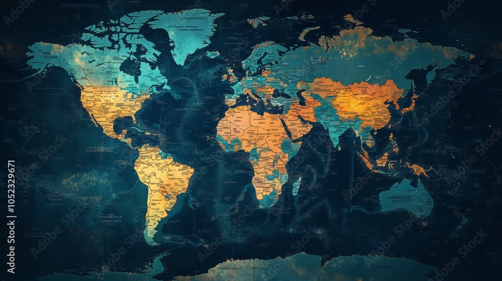 Poster Global inflation: A world map with various countries highlighted, each showing different inflation rates, representing the worldwide impact of inflation.