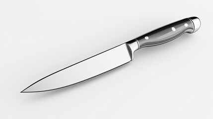 Obraz premium Silver kitchen knife with a sharp blade floating on a white background, suitable for food and cooking-related themes. Emphasizing precision and modern culinary tools.