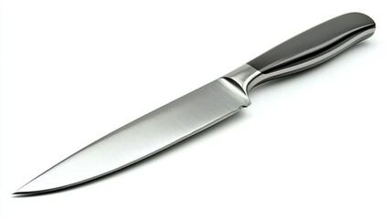 Silver kitchen knife with sharp edges isolated against a white background. Perfect for food-related themes, emphasizing cooking, precision, and kitchen tools. 
