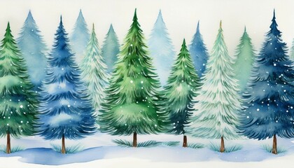 Obraz premium hand drawn watercolor white green and blue christmas pine trees with snow covered branches