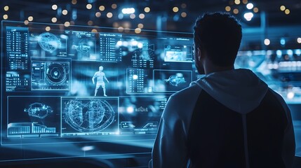 Sports Coach Analyzing Holographic Player Stats and Game Footage for Real time Tactical Adjustments