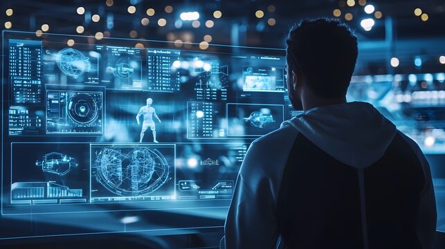 Sports Coach Analyzing Holographic Player Stats and Game Footage for Real time Tactical Adjustments