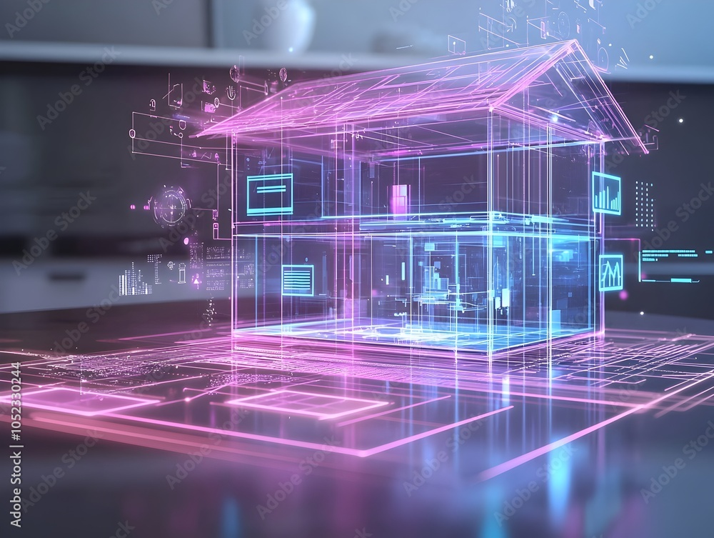 Poster holographic home automation system controlling smart home features with futuristic interface