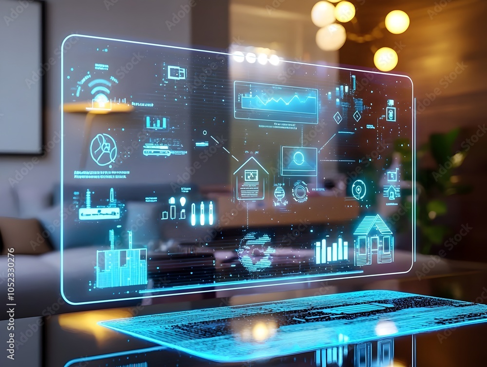 Poster futuristic holographic home automation dashboard with lighting security and temperature controls