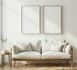 Minimalist living room interior with a white sofa. two empty picture frames. wooden side table. and natural light