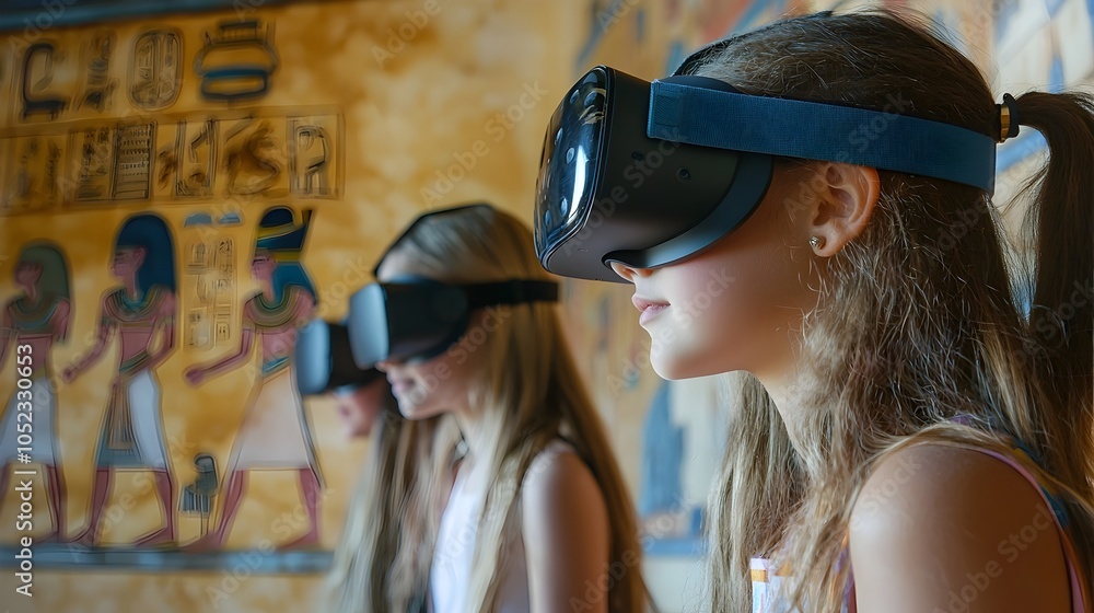 Poster students exploring ancient egypt through virtual reality in classroom setting