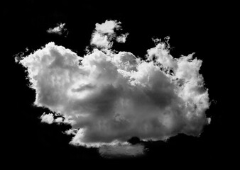 Beautiful natural cumulus atmospheric white cloud on a black isolated background. Brush. Design element. Climate
