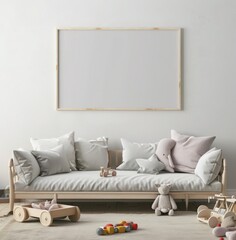 A cozy living room with a light gray sofa. wooden toys scattered around. and a large empty picture frame above the sofa