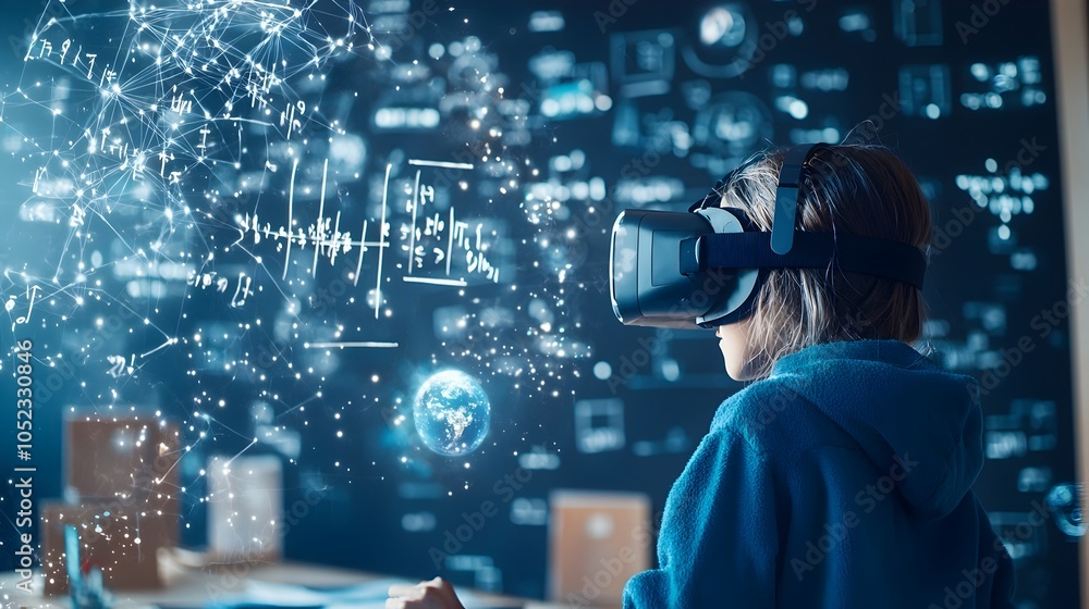 Aufkleber virtual reality physics class with floating formulas and gravity simulation