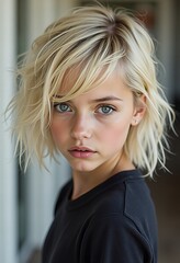 Fototapeta premium A young girl with blonde hair and blue eyes looks directly at the camera