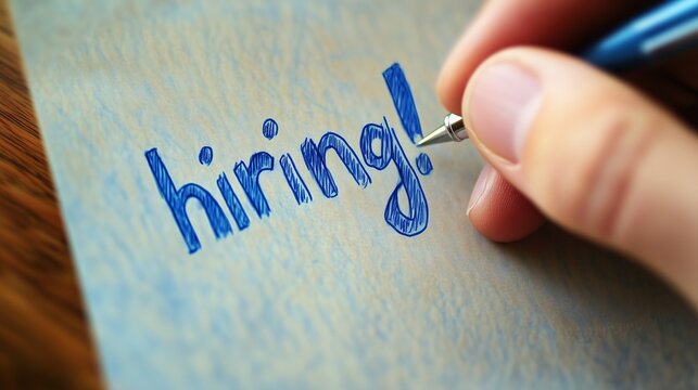 A hand is writing Hiring! on a piece of paper