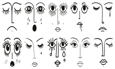 Obraz premium Whimsical eye & face sketches minimalist line art. quirky face expressions. playful faces collections. 