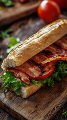 A crispy bacon, lettuce, and tomato sandwich on a baguette