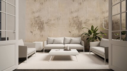 Minimalist living room, Minimalist living room with white furniture and exposed brick wall.