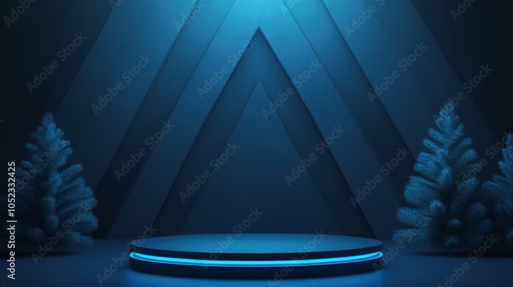 Aufkleber futuristic blue-themed stage design with glowing circular platform and triangular backdrop.