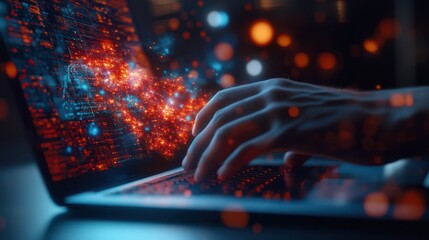 Business concept. Photo close up of Businessman hand is typing with a laptop keyboard. Doing work, surfing internet, chatting, research market data. Generative AI