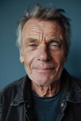 Obraz premium Portrait of Contentment and Wisdom on Pastel Blue Monochrome Background for Print or Poster