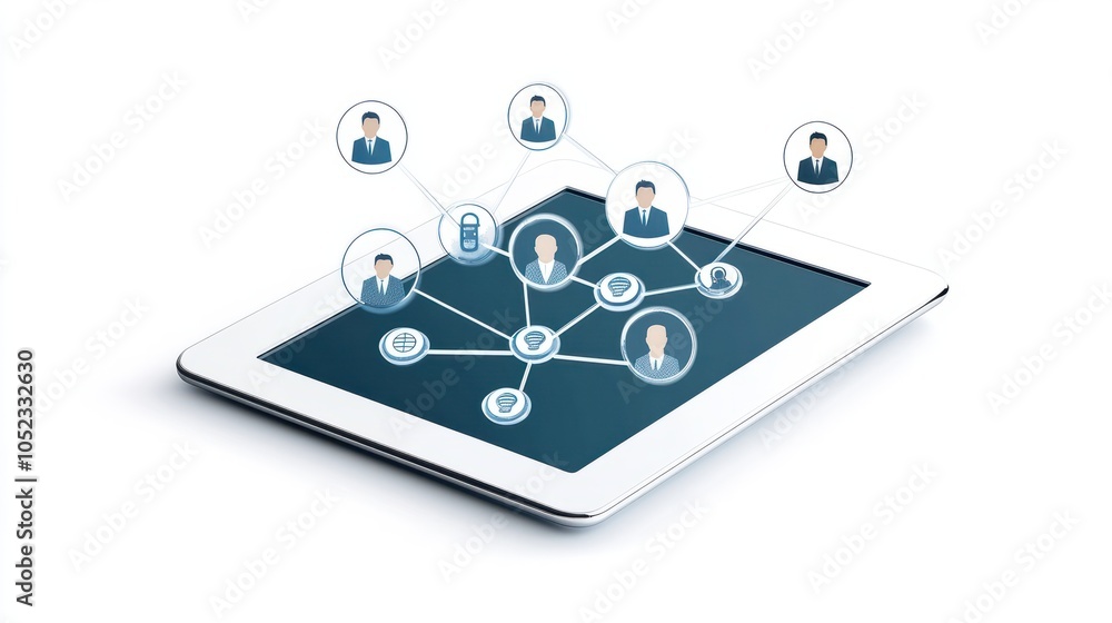Poster business management and network technology. businessperson using tablet computer. network structure 