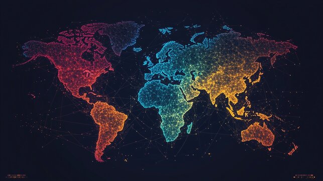 global digital network visualization with an abstract world map reflection, highlighting data transfer, cyber technology, connectivity, international telecommunication, and the flow of information acr