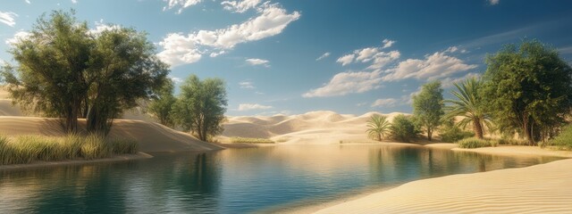 Obraz premium Desert Oasis Serenity, tranquil waters reflecting the sky, surrounded by golden sands and swaying palm trees, a hidden retreat in the wilderness