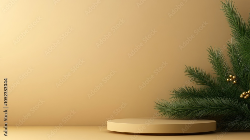 Poster minimalistic display with greenery on a gold background for festive presentations.