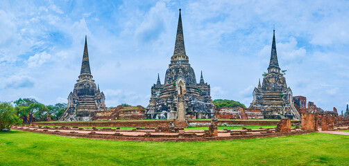 Panorama of preserved pagodas of Wat Phra Si Sanphet, Ayutthaya, Thailand
