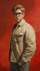 Obraz premium Confident Man in Beige Jacket Against Bold Red Background for Professional Profile Design