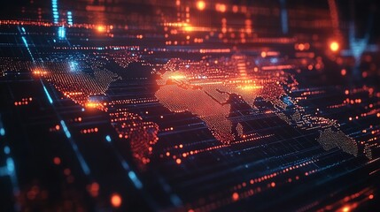 Fototapeta premium reflection of a digital world map, illustrating global connectivity and data transfer through cyber technology, emphasizing information exchange and international telecommunication networks on Earth